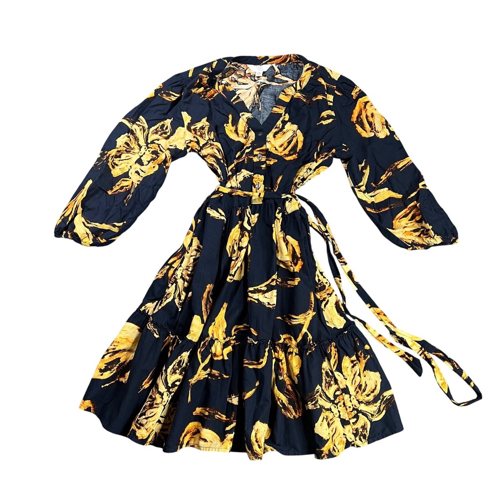 Time and Tru Women's Medium Navy Yellow Floral Button Front Tiered Dress Pockets
